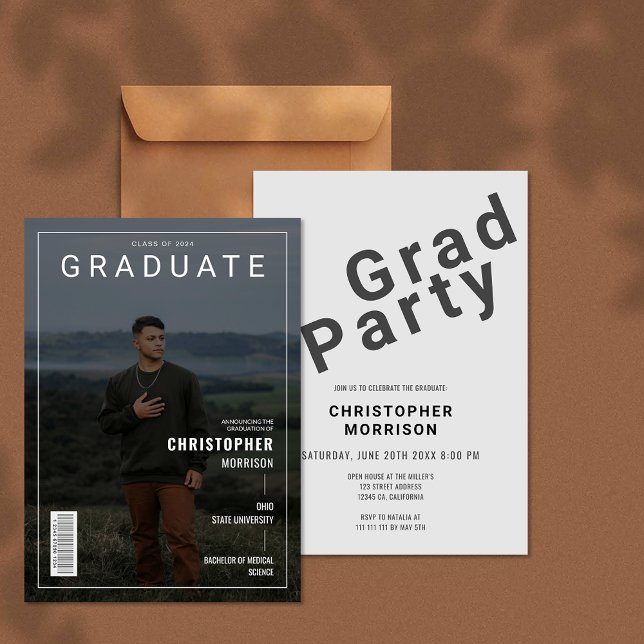 Elegante invitación a graduados de fotografía de p (Stylish Magazine Cover Photo Graduate Invitation)