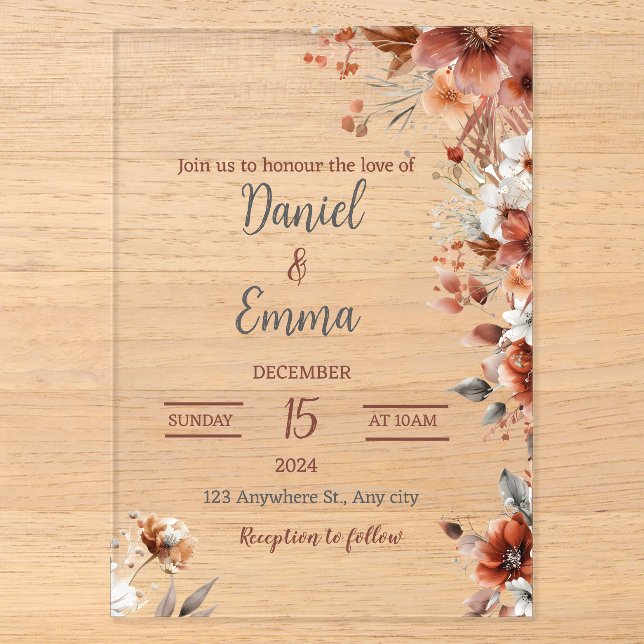Elegante invitación a la boda acrílica (Anverso)