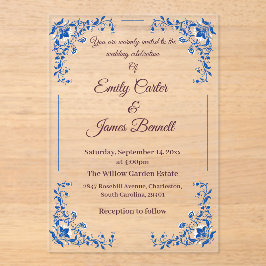 Elegante invitación a la boda acrílica floral azul