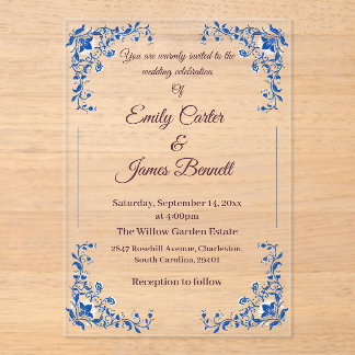 Elegante invitación a la boda acrílica floral azul