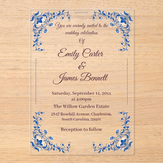 Elegante invitación a la boda acrílica floral azul (Anverso)
