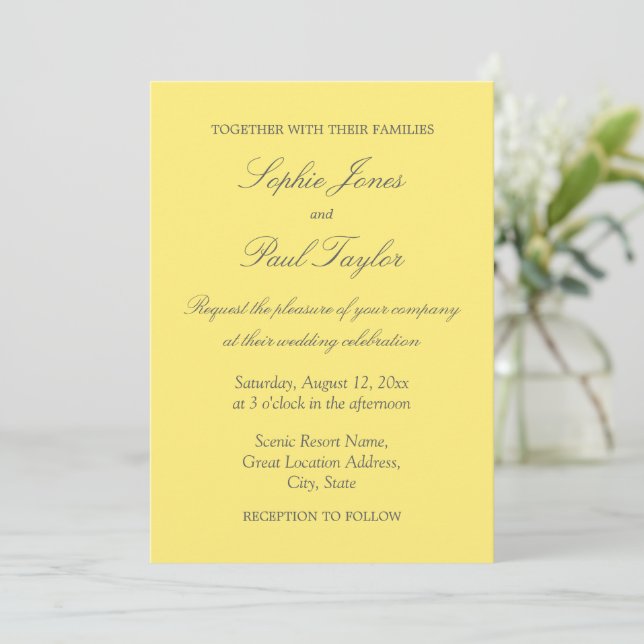 Elegante Invitación a la Boda Amarilla de Mantequi (Anverso de pie)