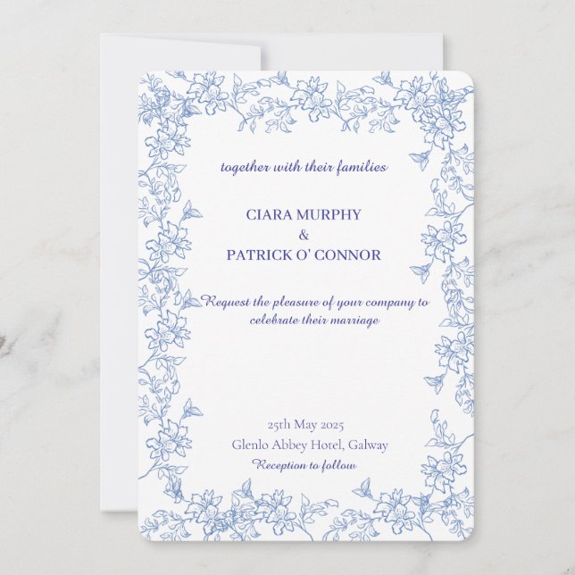 Elegante invitación a la boda azul (Anverso)