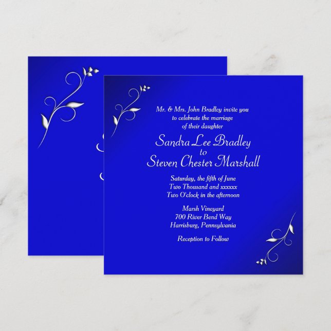 Elegante invitación a la boda azul (Anverso / Reverso)