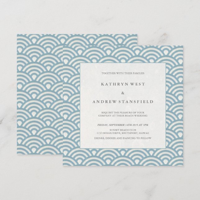 Elegante invitación a la boda azul + blanca (Anverso / Reverso)