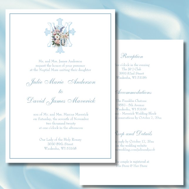 Elegante invitación a la boda azul católica (Subido por el creador)