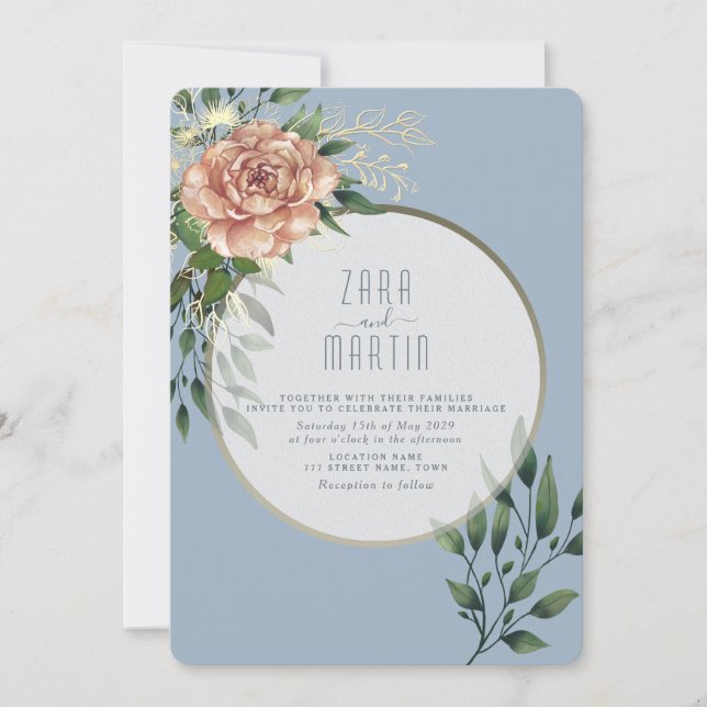 Elegante Invitación a la Boda Azul con Floral de P (Anverso)