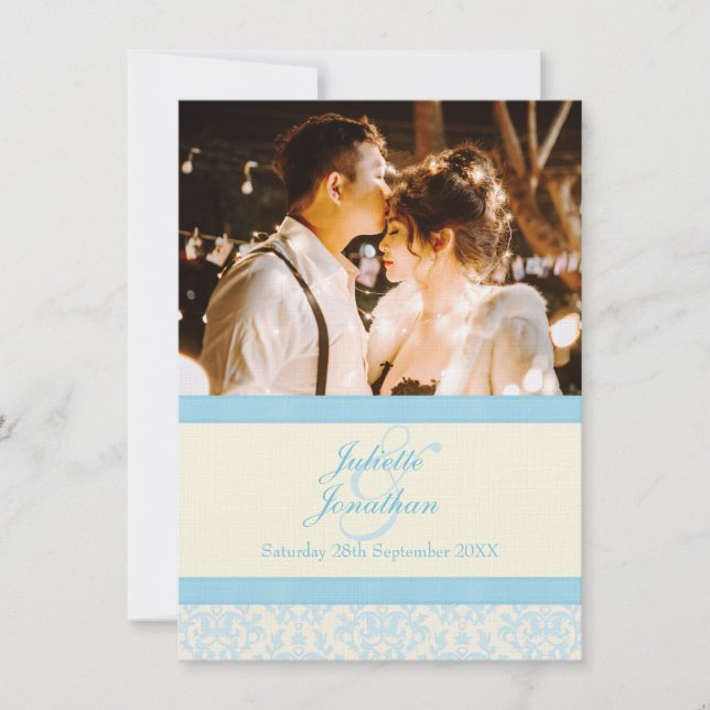 Elegante invitación a la boda azul damasco y crema (Anverso)