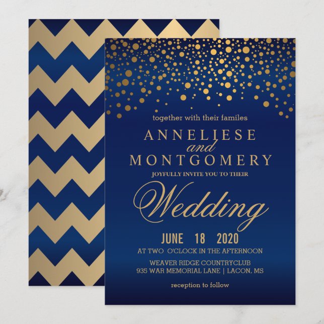 Elegante Invitación a la boda azul de la Marina de (Anverso / Reverso)
