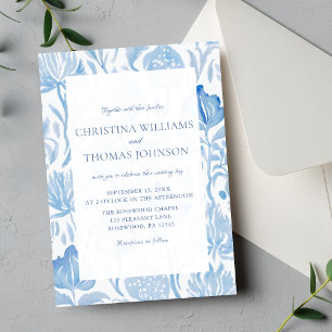 Elegante invitación a la boda azul de tela frances