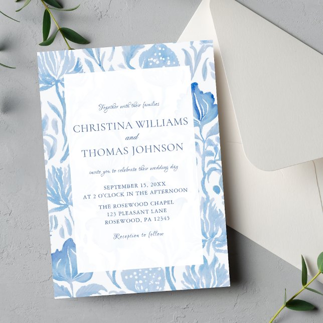 Elegante invitación a la boda azul de tela frances (Subido por el creador)