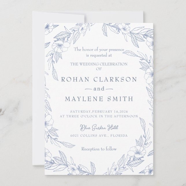 Elegante Invitación a la Boda Azul Pálido Floral (Anverso)
