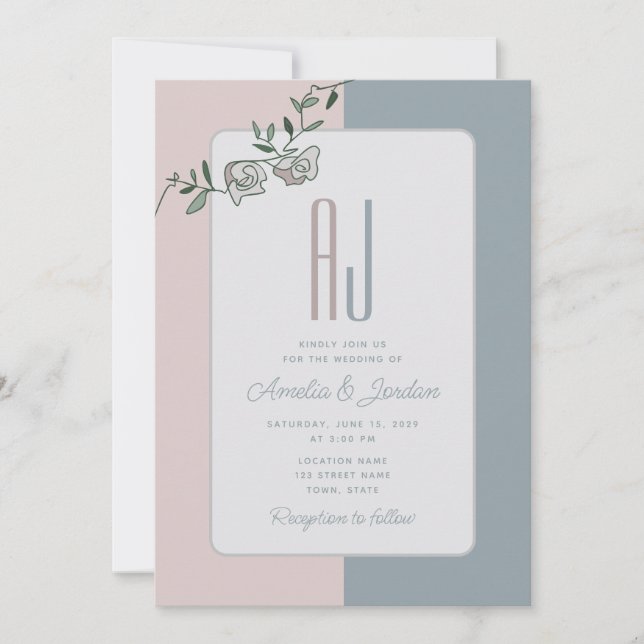 Elegante Invitación a la Boda Azul Polvoriento Ros (Anverso)