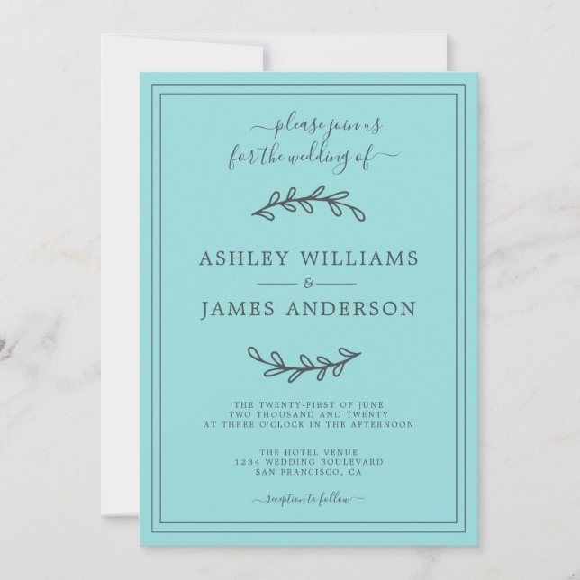 Elegante invitación a la Boda Azul Turquesa (Anverso)