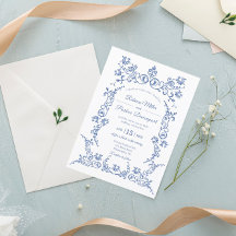 Elegante invitación a la boda azul y blanca