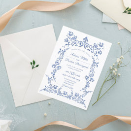 Elegante invitación a la boda azul y blanca