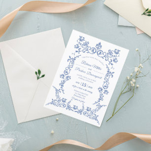 Elegante invitación a la boda azul y blanca