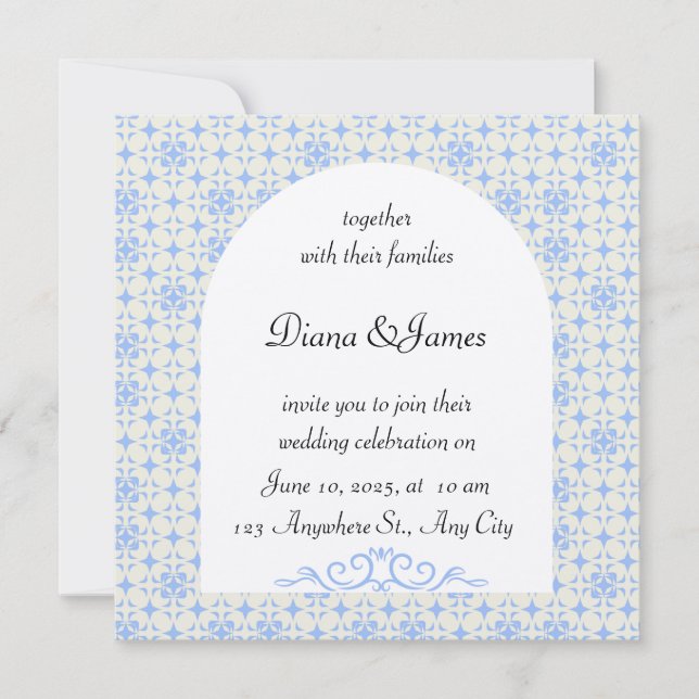 Elegante invitación a la boda azul y blanca (Anverso)