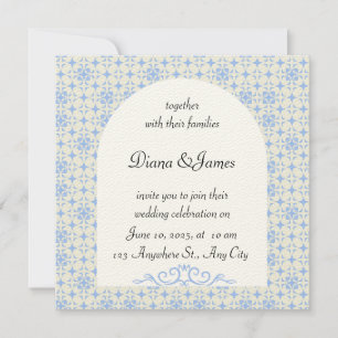 Elegante invitación a la boda azul y blanca