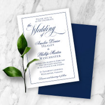 Elegante invitación a la boda azul y blanca de la 