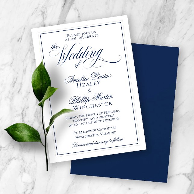 Elegante invitación a la boda azul y blanca de la  (Subido por el creador)