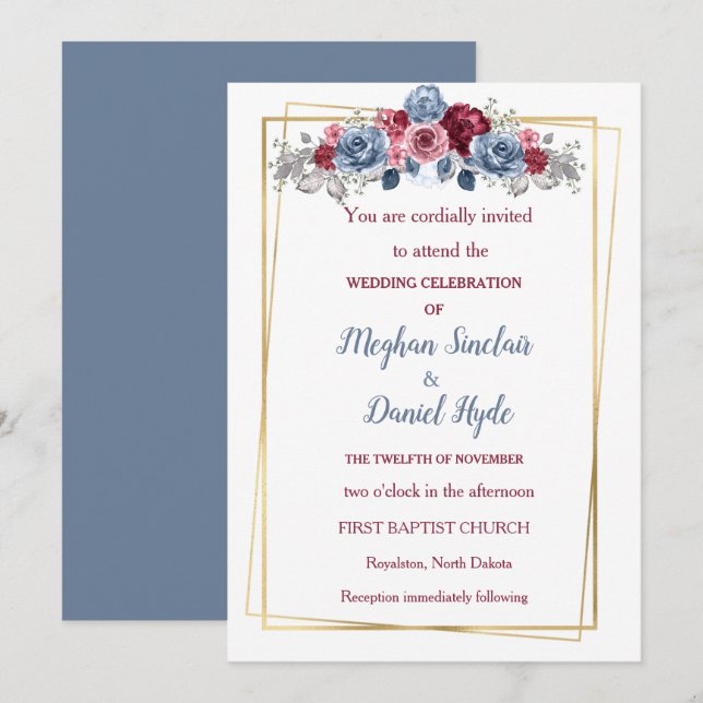 Elegante invitación a la boda azul y borgoñona (Anverso / Reverso)