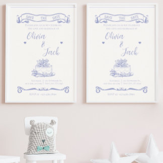 Elegante invitación a la boda azul y crema