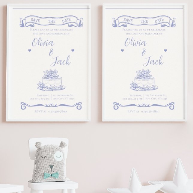 Elegante invitación a la boda azul y crema (Subido por el creador)