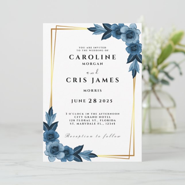 Elegante invitación a la Boda Azul y Oro (Anverso de pie)