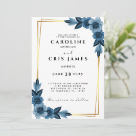 Elegante invitación a la Boda Azul y Oro