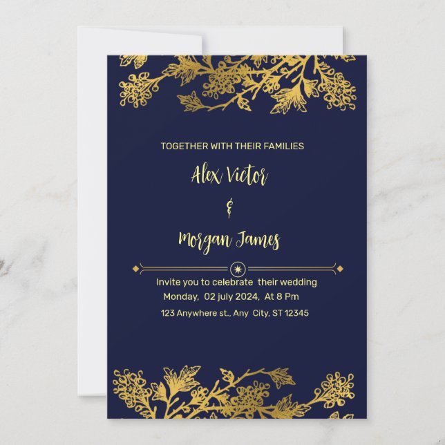 Elegante invitación a la Boda Azul y Oro de la Mar (Anverso)