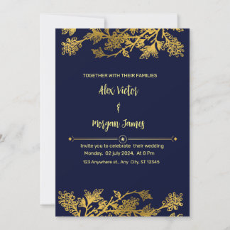 Elegante invitación a la Boda Azul y Oro de la Mar