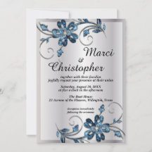 Elegante invitación a la boda azul y plateada