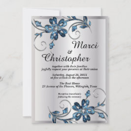 Elegante invitación a la boda azul y plateada