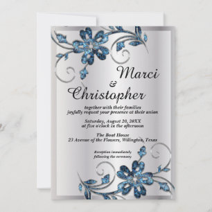 Elegante invitación a la boda azul y plateada