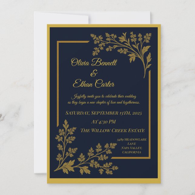 Elegante invitación a la boda azul y Relieve metal (Anverso)