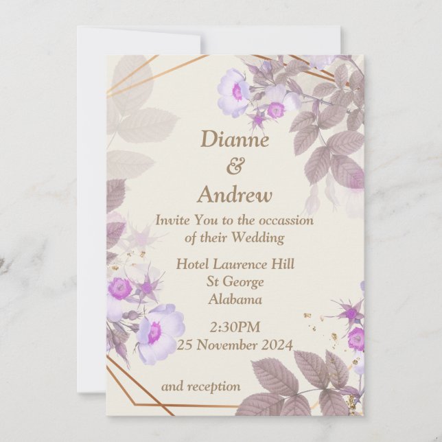 Elegante Invitación a la boda, beige, violeta (Anverso)