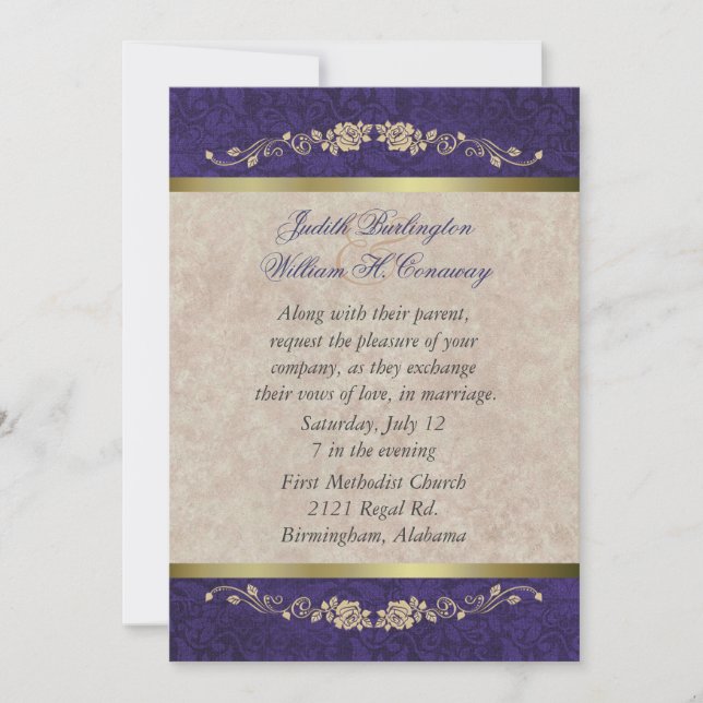 Elegante invitación a la boda beige y púrpura (Anverso)