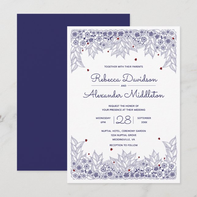 Elegante invitación a la Boda Blanca Azul (Anverso / Reverso)