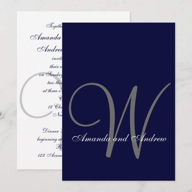 Elegante invitación a la boda blanca azul de la ma (Anverso / Reverso)