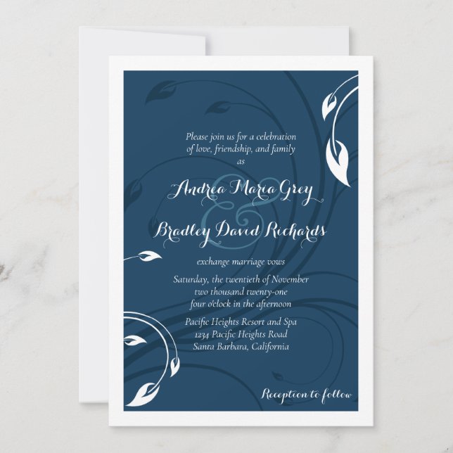 Elegante invitación a la boda blanca azul marino (Anverso)