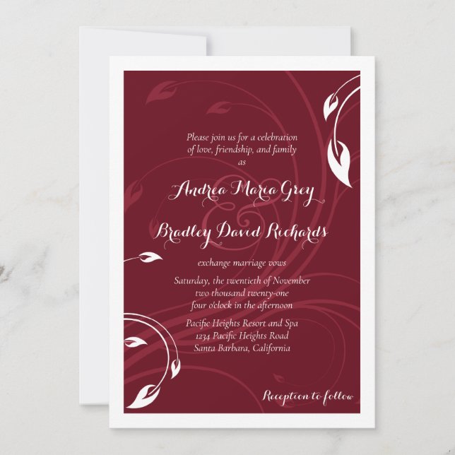 Elegante invitación a la boda blanca borgoñona (Anverso)