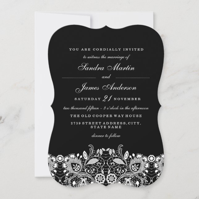 Elegante invitación a la boda blanca de encaje neg (Anverso)