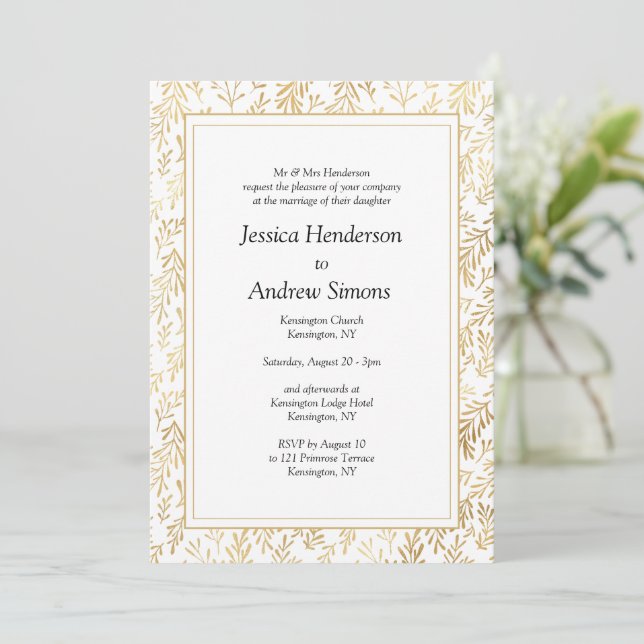 Elegante Invitación a la Boda Blanca de Oro (Anverso de pie)