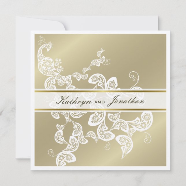 Elegante invitación a la boda blanca de pavo real  (Anverso)