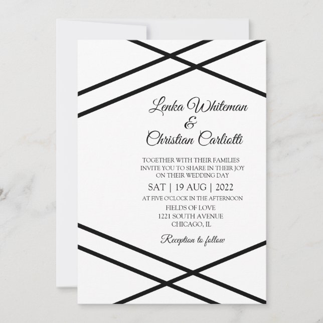 Elegante invitación a la boda blanca negra (Anverso)