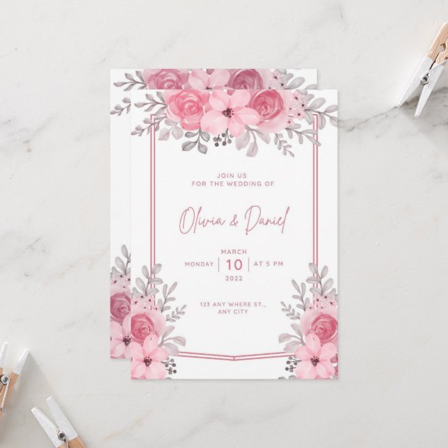 Elegante invitación a la boda blanca rosa con flor (Anverso/Reverso In Situ)