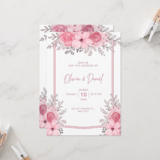 Elegante invitación a la boda blanca rosa con flor