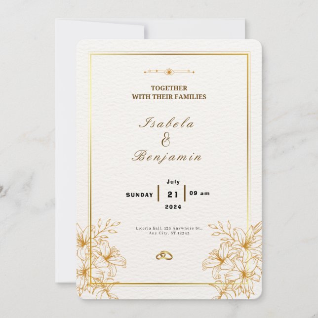 Elegante invitación a la boda blanca y de oro (Anverso)