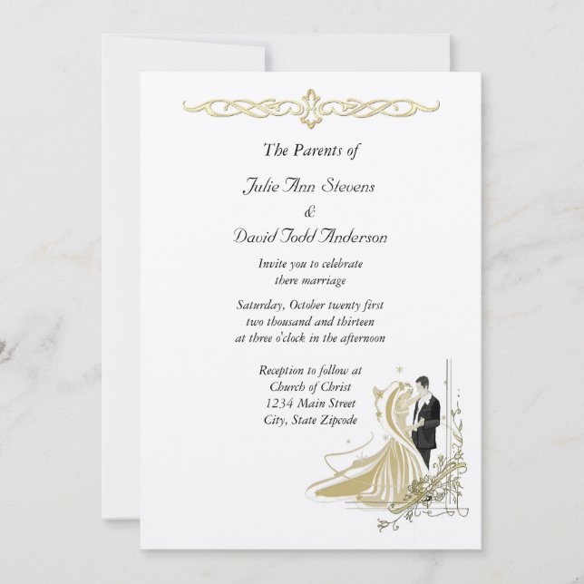 Elegante invitación a la boda blanca y de oro (Anverso)